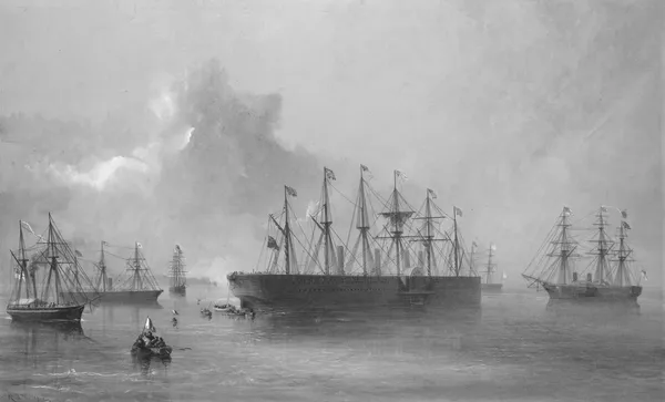 Acquerello d’epoca: la Great Eastern e la flotta per la posa del cavo telegrafico transatlantico alla fonda, 1865
