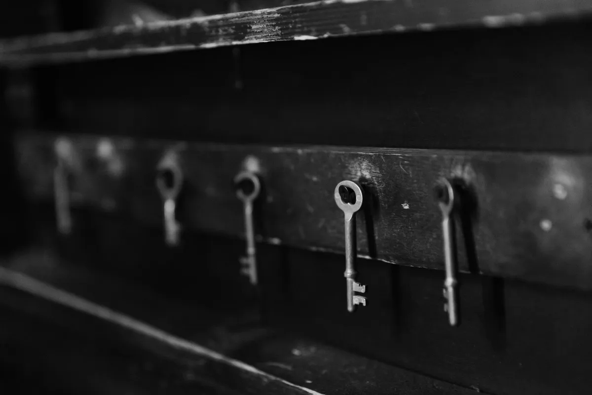 A bunch of old metal keys hanging on hooks against a dark wooden board, black-and-white photograph