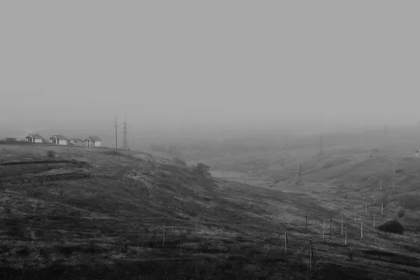 Houses on a ridge at the edge of a valley in fog, with poles and line pylons vanishing into the white
