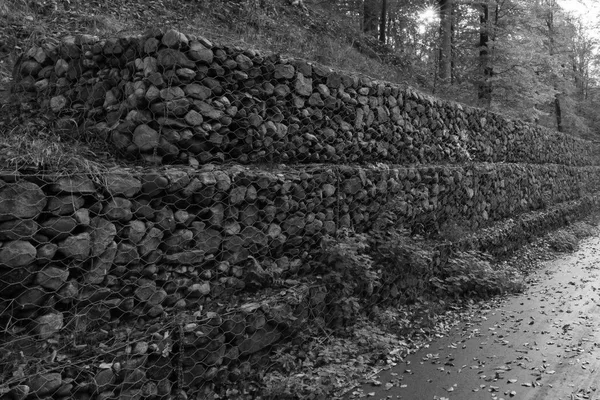 Retaining wall of stone-filled gabion baskets along a wooded embankment, black-and-white photograph