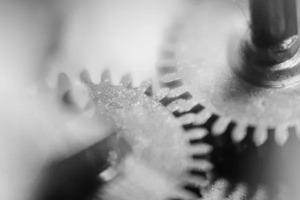 Close-up in black and white of two metal gears from a clockwork mechanism
