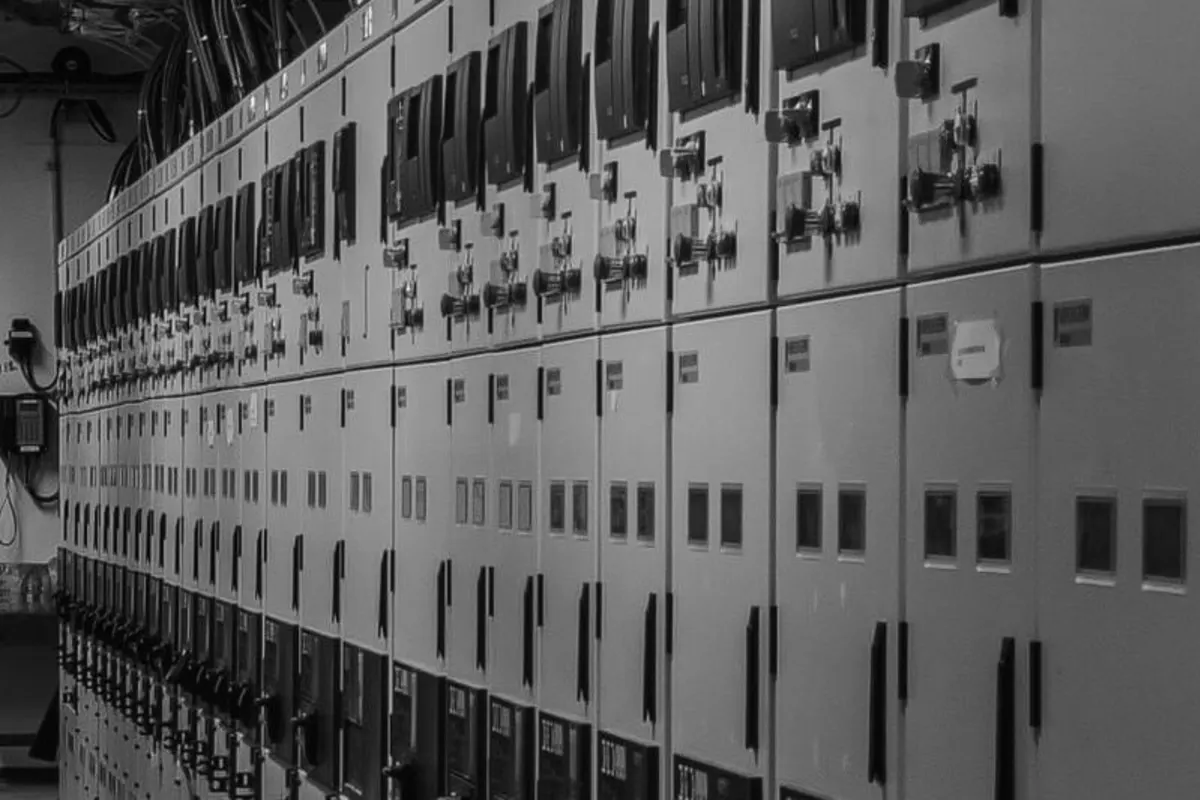Row of electrical switchgear cabinets with aligned circuit breaker handles, receding in perspective, black and white photograph