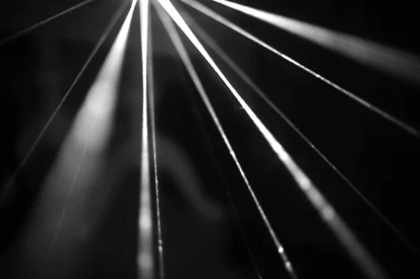 Fasci di luce collimati che si aprono a ventaglio da un unico punto, nel buio